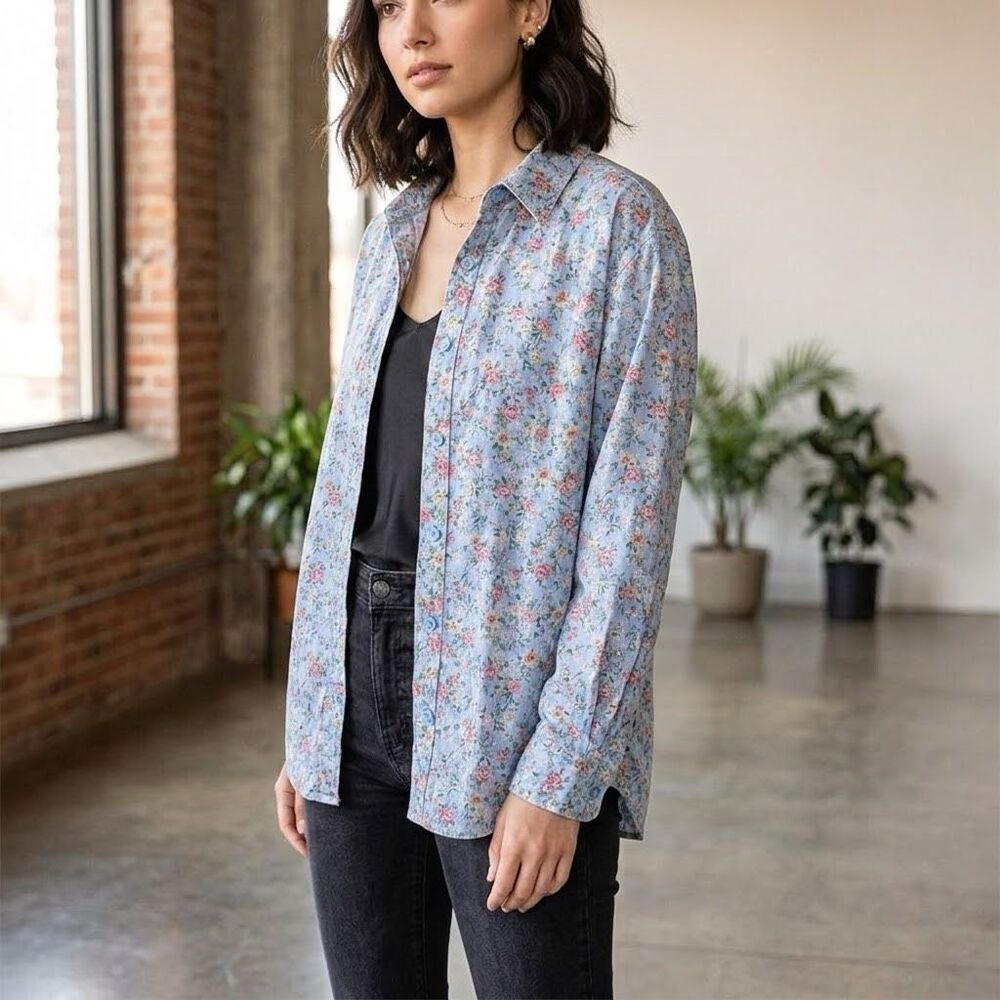 Lemon Grass size 24 100% chambray floral button front blouse.
